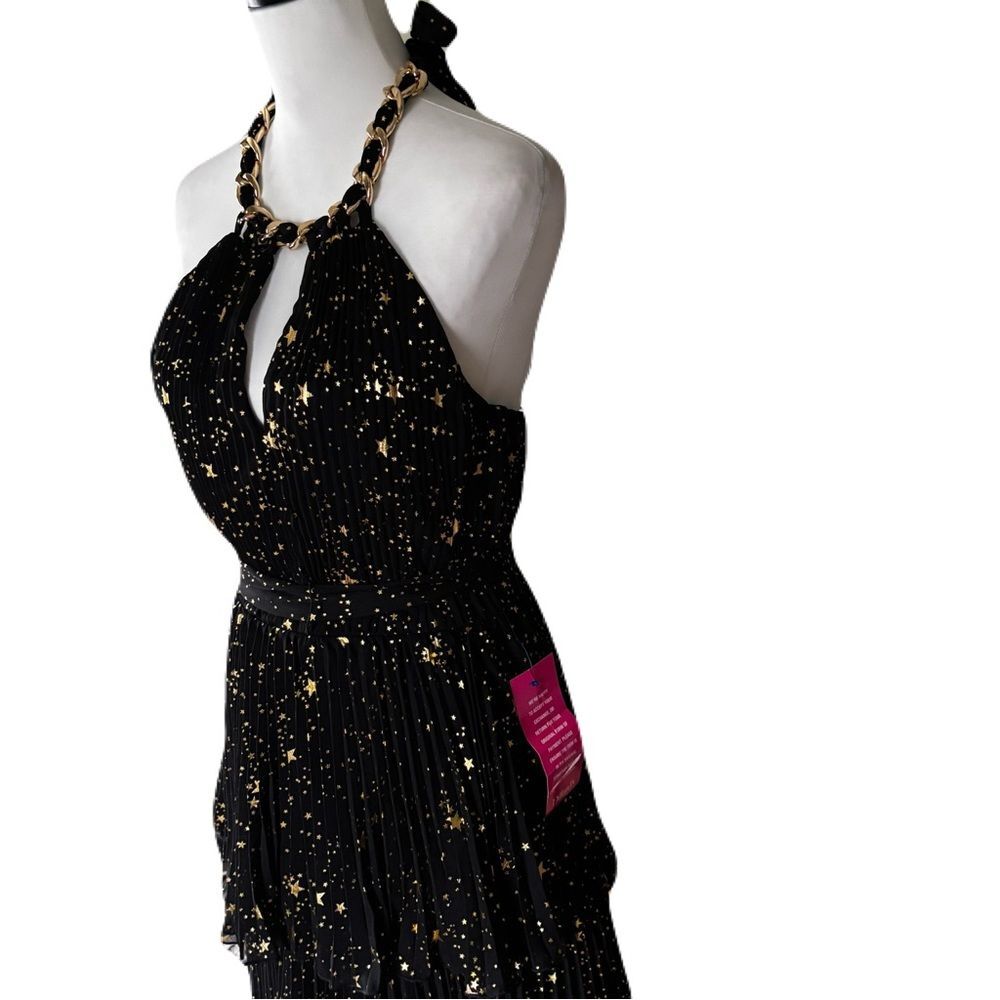 NWT Alex Marie Black and Gold Tiered Pleated Halter Maxi Dress – Size 4 - Picture 4 of 14